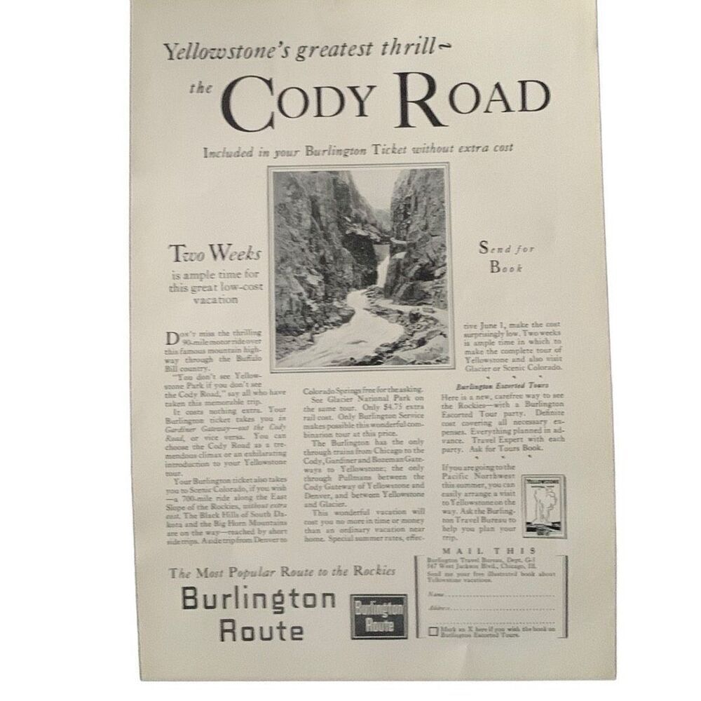 Vintage 1927 Burlington Route Cody Road Ad Advertisment